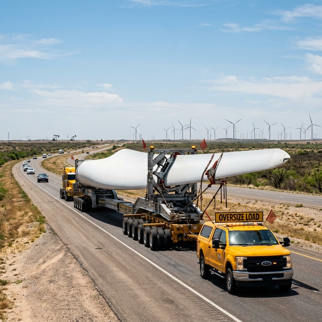 Industrial Project Logistics In Texas Featuring Heavy Haul Transport Of Oversized Wind Energy Equipment On A Highway.