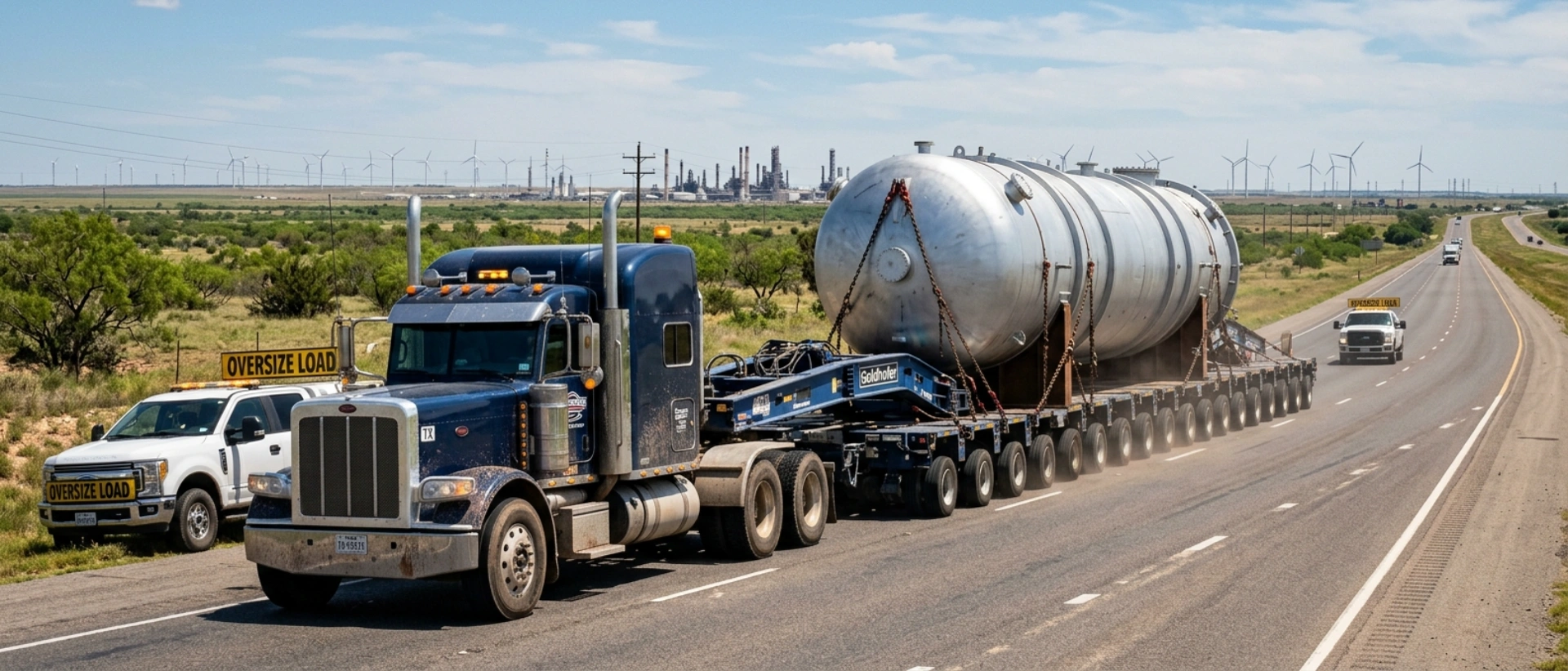 A Professional Heavy-Haul Project Logistics Operation Transporting Oversized Industrial Equipment On A Texas Highway.