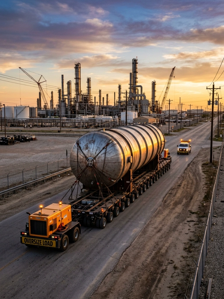 Heavy-Lift Project Logistics In Texas Showing Specialized Transport Of Oversized Industrial Equipment On A Multi-Axle Trailer.
