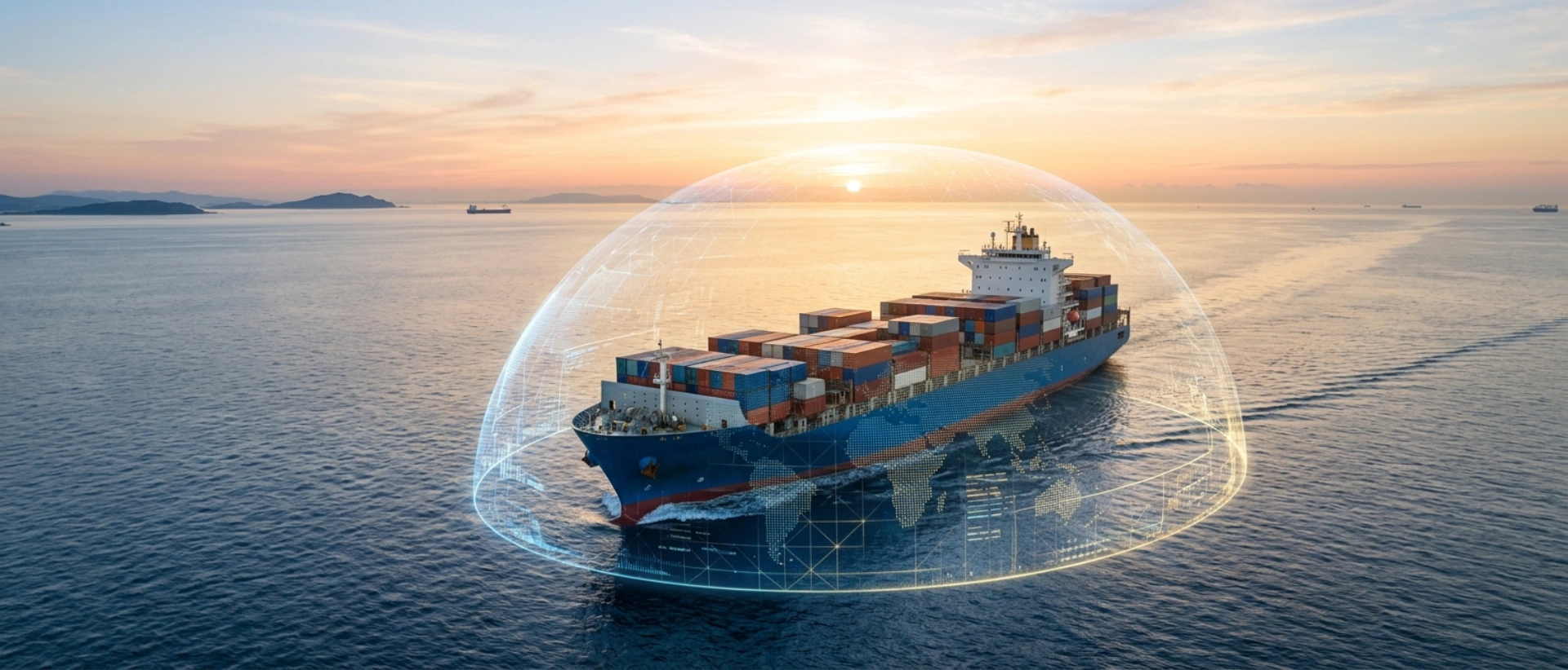 Modern Cargo Ship With A Digital Shield Symbolizing Global Marine Insurance And Secure Logistics Coverage At Sunrise.