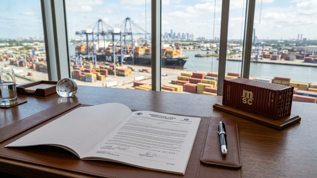 International Cargo Insurance Policy And Shipping Container Model On An Executive Desk At The Port Of Houston, Representing Maritime Legal Security And Freight Protection.
