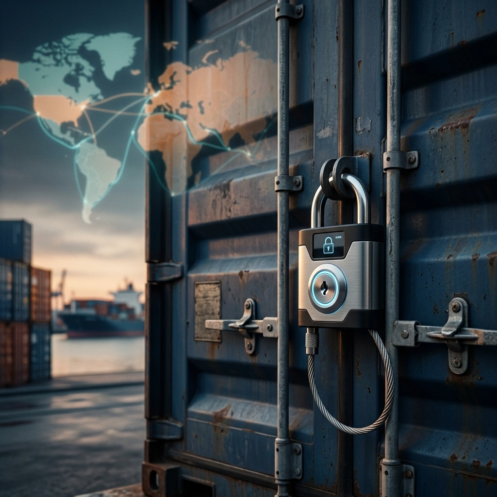 Secure Shipping Container With High-Tech Lock Representing Financial Protection And Risk Management In Global Logistics.
