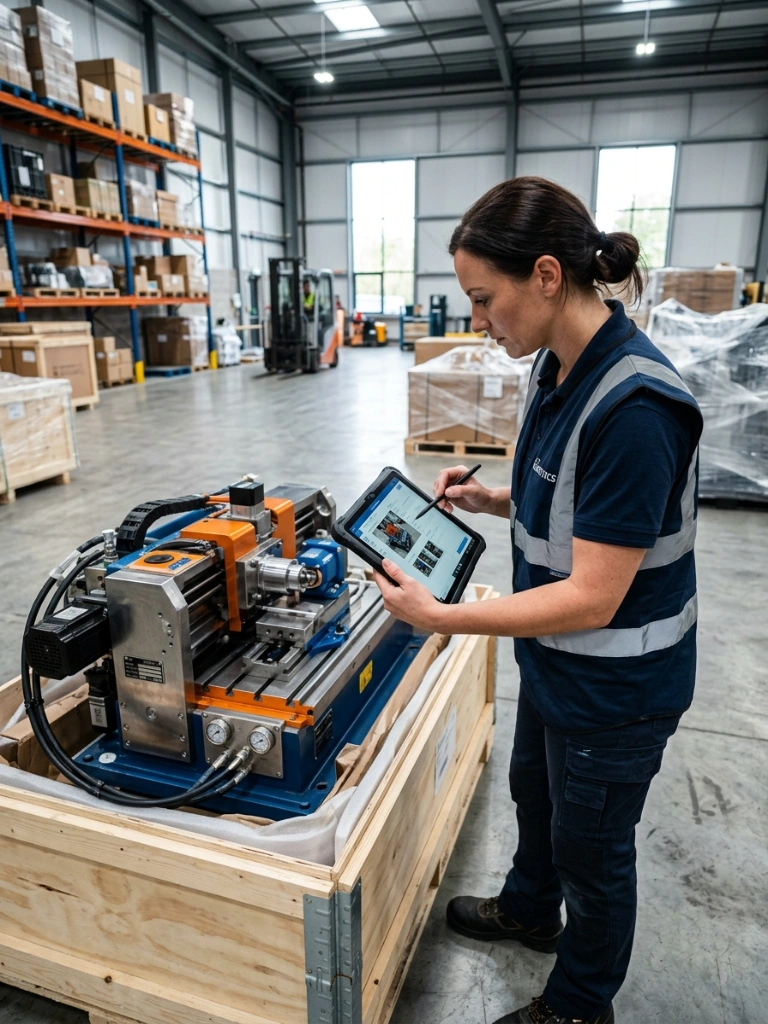 Professional Cargo Insurance Inspector Using A Digital Tablet To Document The Condition Of High-Value Industrial Machinery In A Modern Logistics Warehouse.