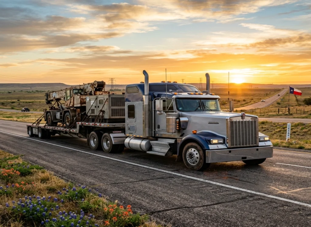 Reliable Cross-Country Trucking Freight Services For North American Cargo Transport Featuring A Heavy-Haul Truck On A Texas Highway.