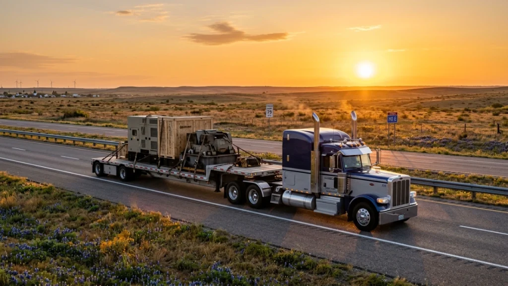 Dependable Semi-Truck With A Flatbed Trailer Providing Cross-Country Hauling And Heavy-Duty Freight Services For Industrial Machinery Across North America.