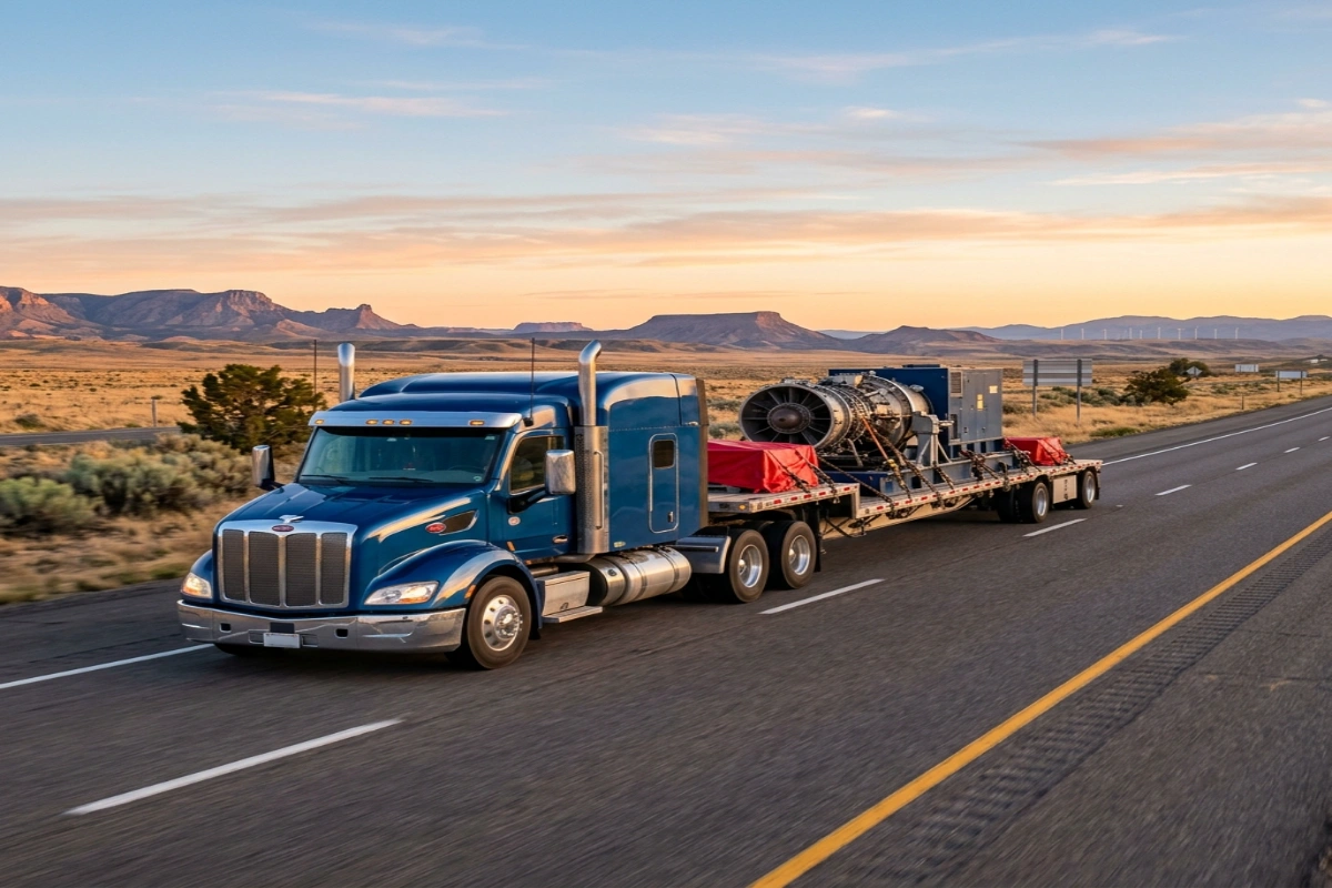 A Heavy-Duty Semi-Truck Transporting Industrial Machinery On A Flatbed Trailer Across A Highway, Representing Dependable Trucking Freight Services And Cross-Country Hauling For North American Cargo Transport.