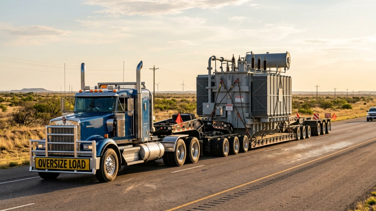 Professional Heavy Haul Trucking Services In Texas Transporting Oversized Industrial Machinery On A Multi-Axle Specialized Trailer.