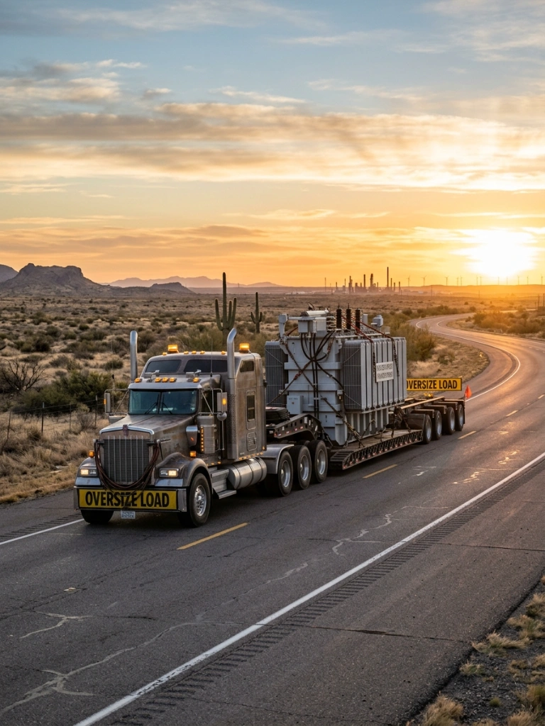 Specialized Heavy Haul Trucking Services In Texas Transporting Oversized Industrial Machinery On A Multi-Axle Trailer.