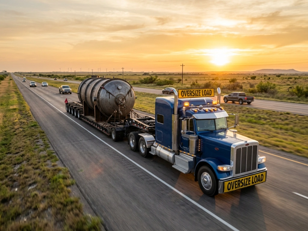Heavy Haul Trucking Transport In Texas Moving An Oversized Industrial Load On A Multi-Axle Trailer Across A Highway At Sunset.