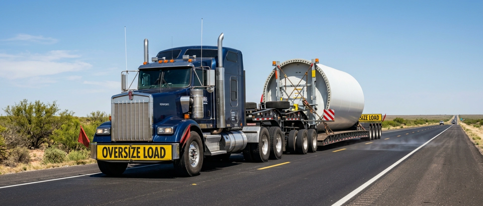 Professional Heavy Haul Trucking And Oversized Load Transport Services In Texas Featuring A Multi-Axle Trailer With Industrial Equipment.