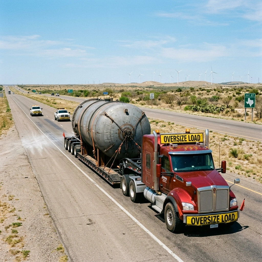 Professional Heavy Haul Trucking Services In Texas Transporting Oversized Industrial Equipment On A Multi-Axle Trailer.
