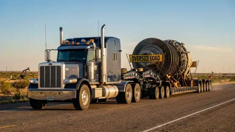 Professional Heavy Haul Trucking Services In Texas Transporting A Large Industrial Oversized Load On A Specialized Multi-Axle Trailer.