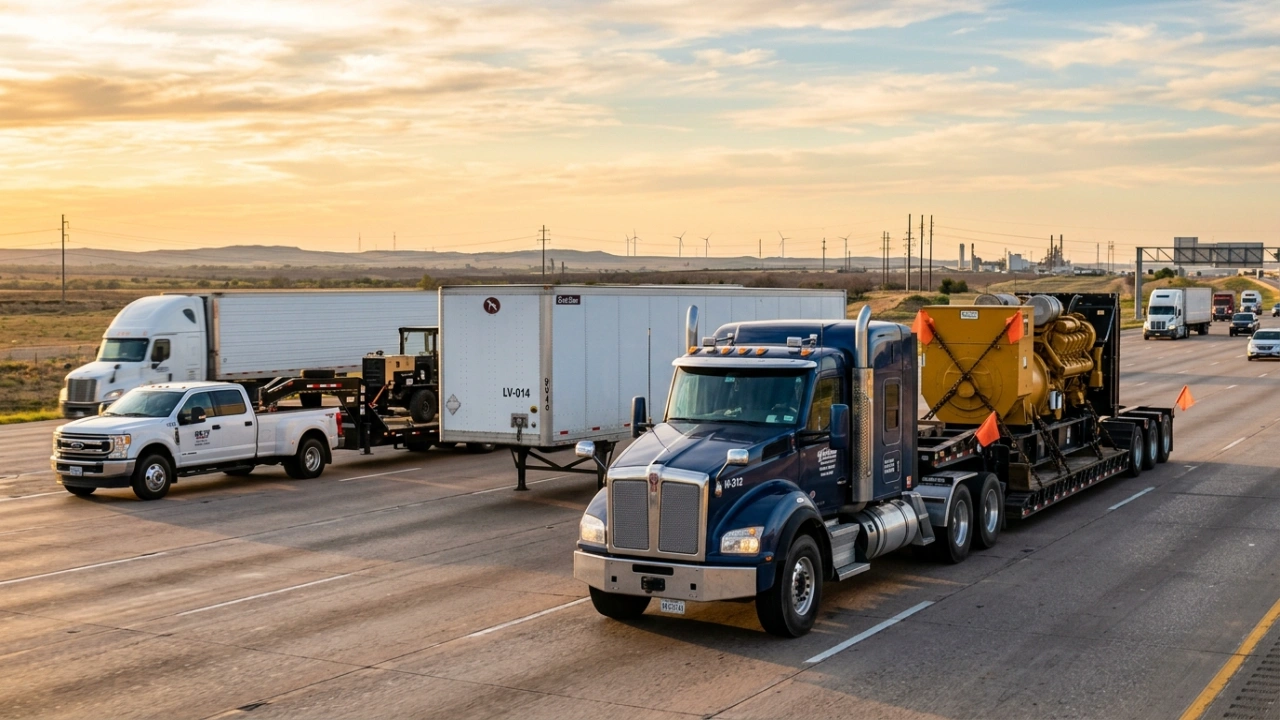 Reliable Truck Transportation Services By Texas International Freight Showcasing Heavy Haul Machinery Transport, Dry Van Shipping, And Hotshot Trucking Capabilities.