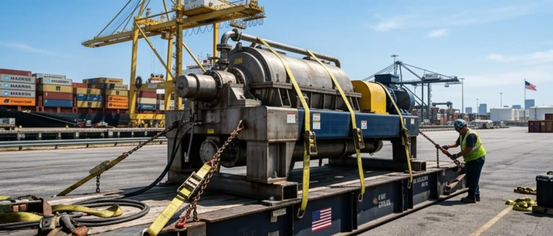 Heavy-duty industrial centrifuge secured on a flat rack container for international shipping and heavy-haul logistics from Houston.