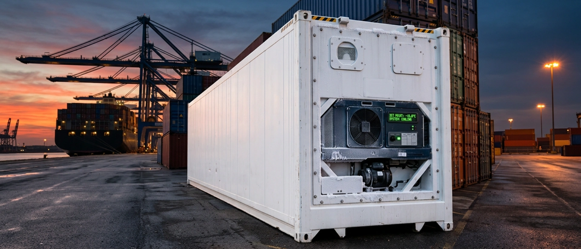 A professional refrigerated shipping container with a digital temperature monitoring display at a port terminal, representing cold chain logistics for perishable goods.