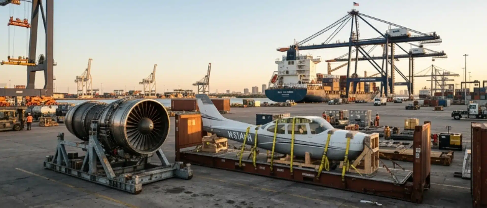Professional shipping and logistics of aircraft and aviation components from Houston featuring a secured jet engine and crated fuselage on a flat rack container at a port.