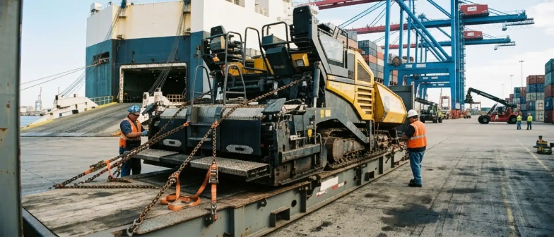 Heavy-duty asphalt paver secured on a flat rack for international shipping from Houston via RoRo and breakbulk methods.