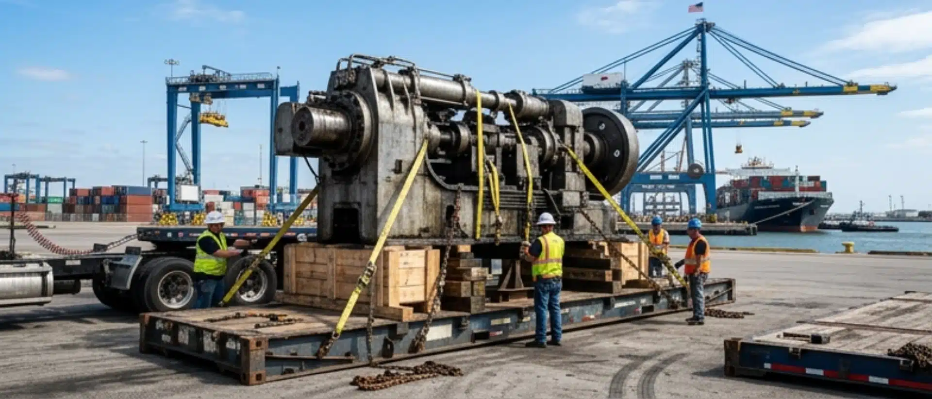 Shipping cold forging machines and heavy metalworking equipment worldwide from Houston via flat rack and heavy-lift crane logistics.