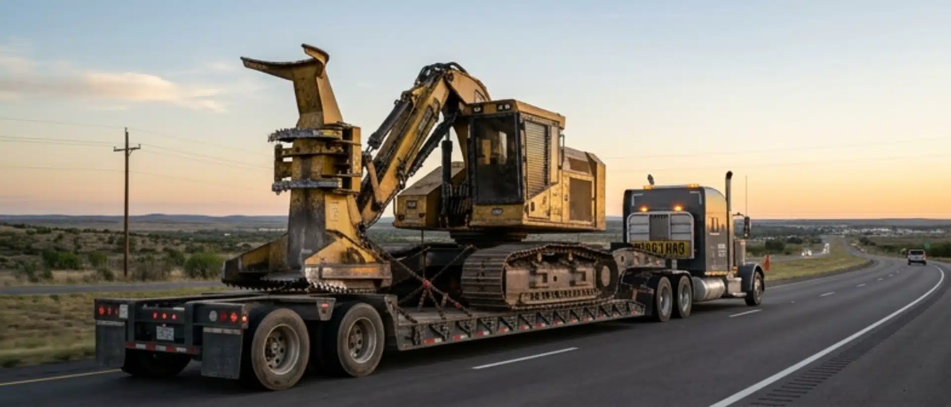 Professional shipping of a heavy feller buncher on a lowboy trailer for forestry logistics and industrial transport.