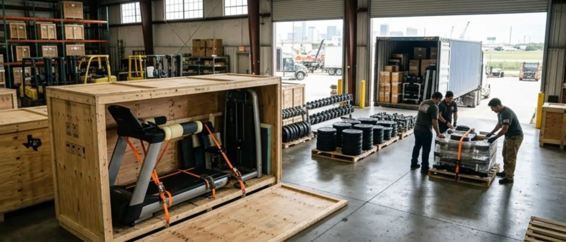 Professional shipping and crating services for commercial fitness equipment and gym machines being loaded for international transport.