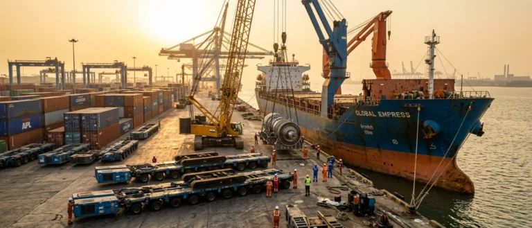 Industrial Logistics Operation Showing Heavy Equipment And Oil And Gas Machinery Being Unloaded At An Indian Port For Project Cargo Shipping.