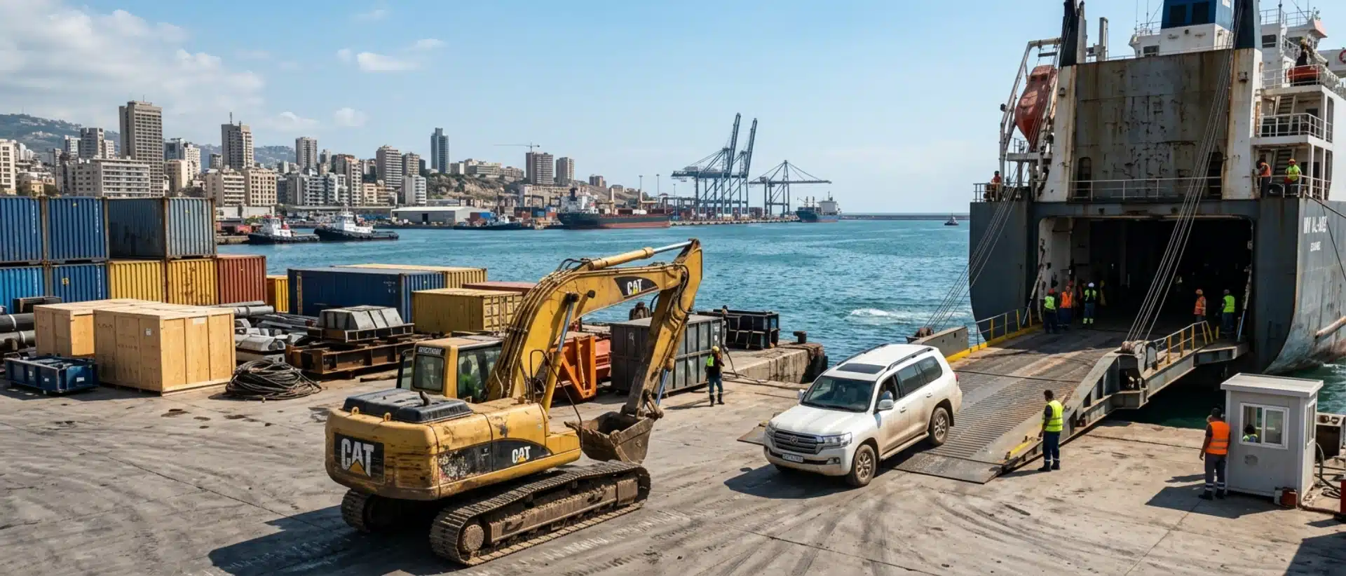 Freight forwarding services for shipping heavy equipment, construction machinery, and vehicles from Houston, Texas to the Port of Beirut, Lebanon.