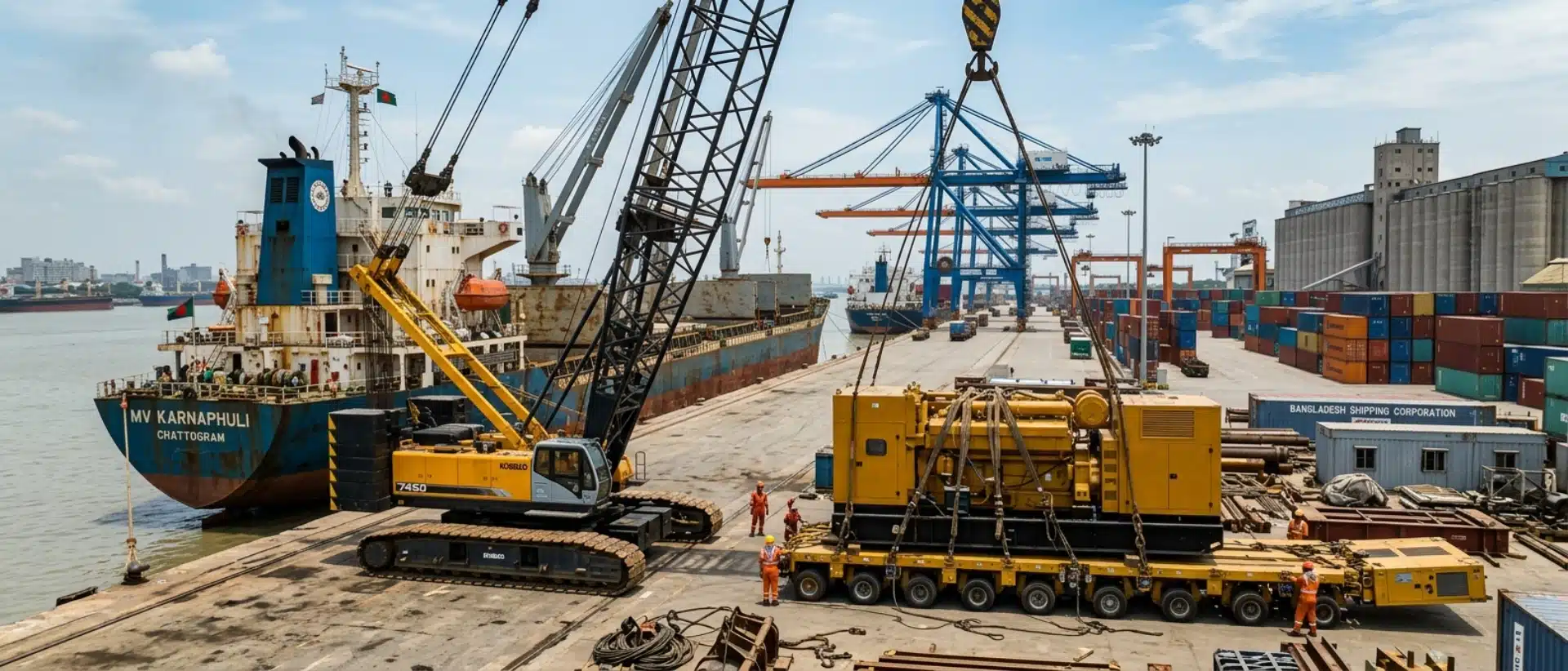 Heavy machinery and bulk agricultural cargo being unloaded at Chattogram port for freight forwarding from Houston to Bangladesh.