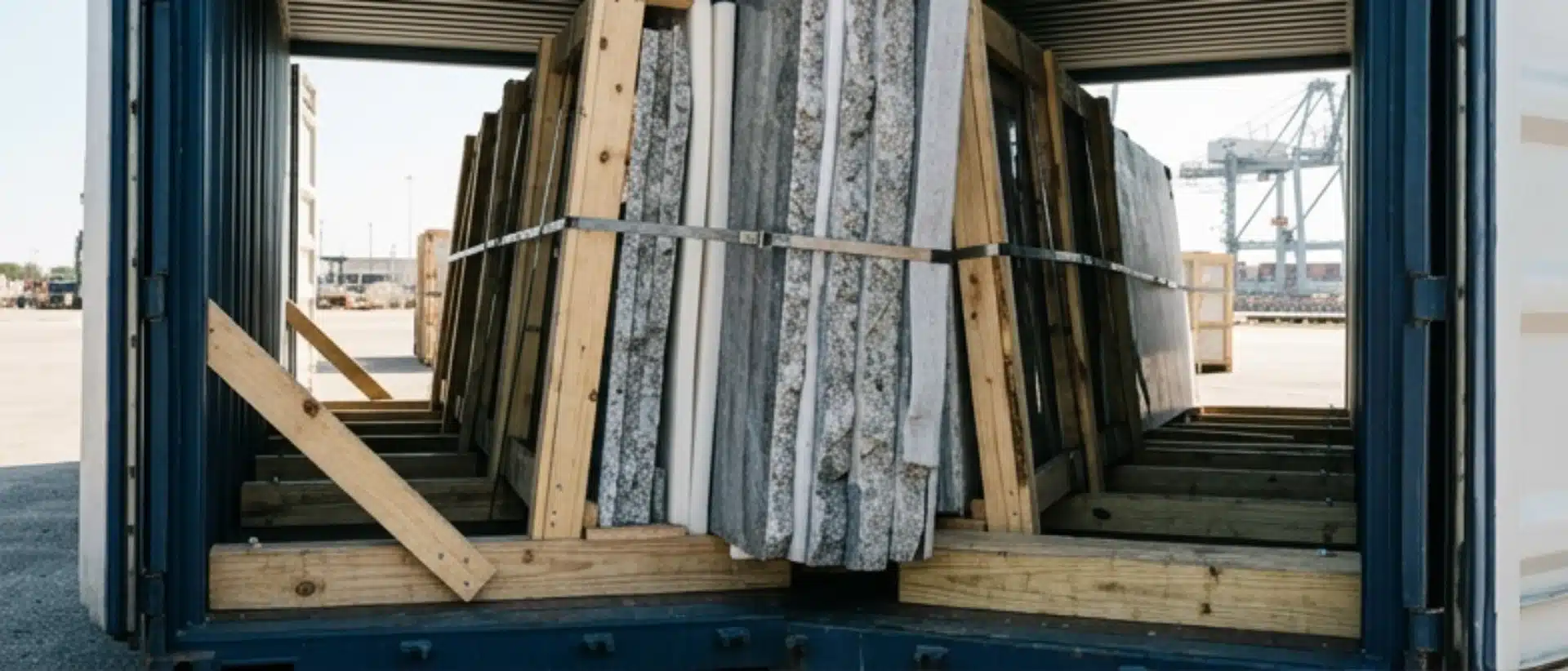 Professional freight forwarding and secure crating for shipping heavy granite, marble, and quartz slabs internationally from Houston.
