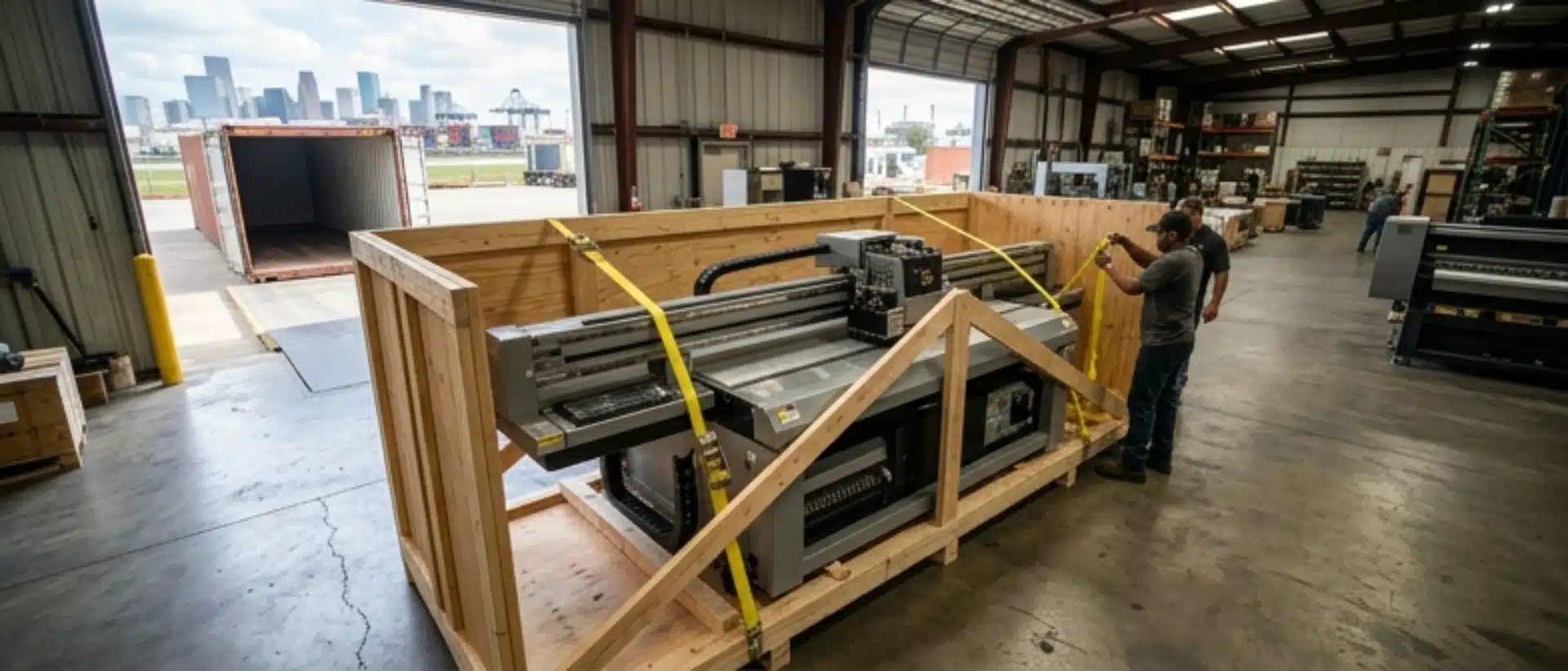 Industrial crating and international shipping services for large format and flatbed UV printers from Houston.