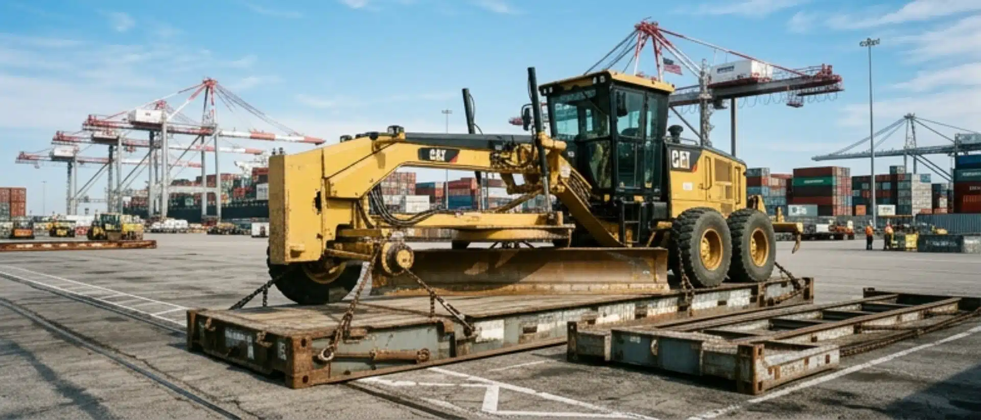 Professional shipping and export preparation of a heavy motor grader at the Port of Houston for international transport via flat rack and RoRo.