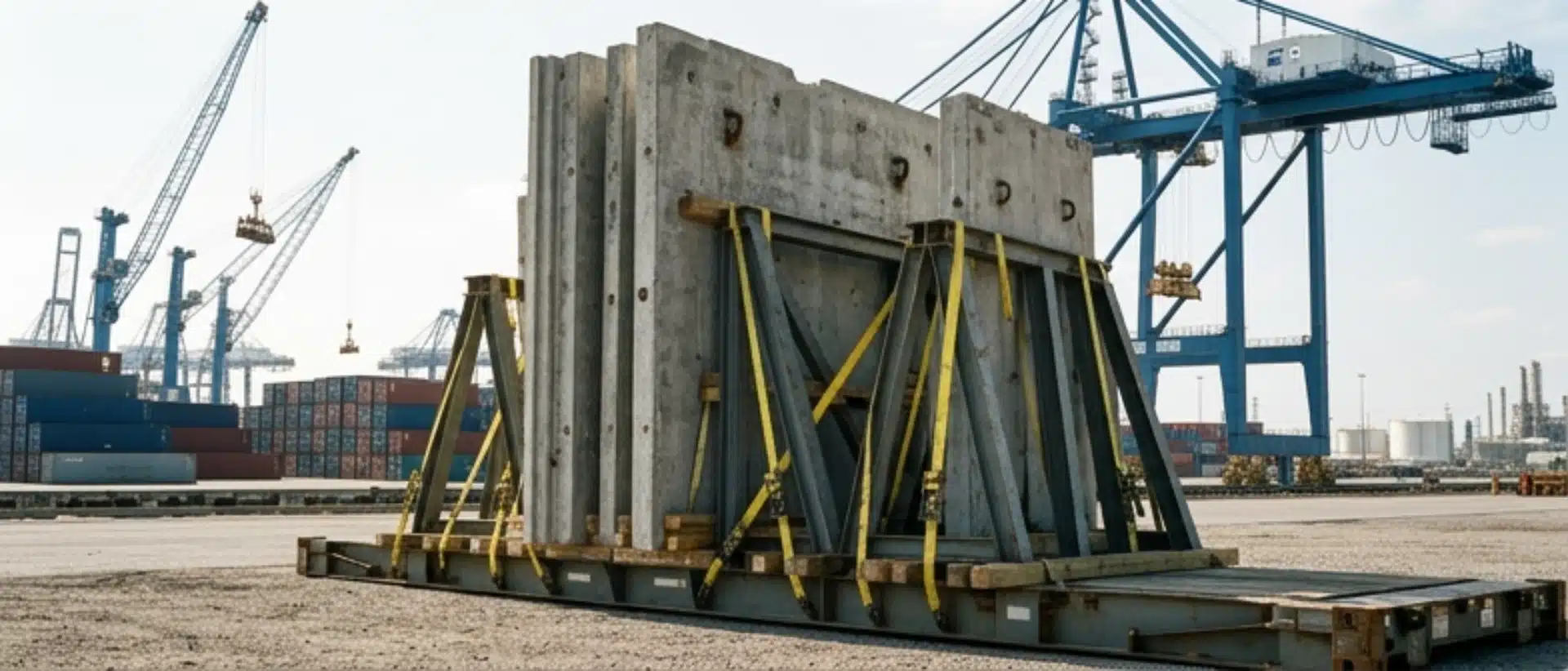 Heavy precast concrete panels secured on A-frame racks for international shipping and export from Houston.