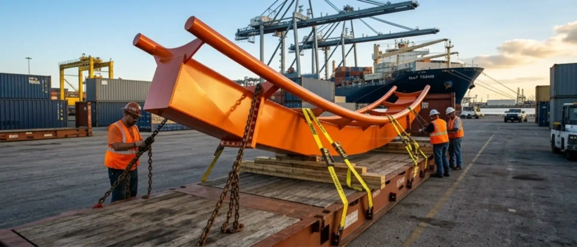 Professional logistics and international shipping of heavy-duty roller coaster components and oversized track segments from Houston port.