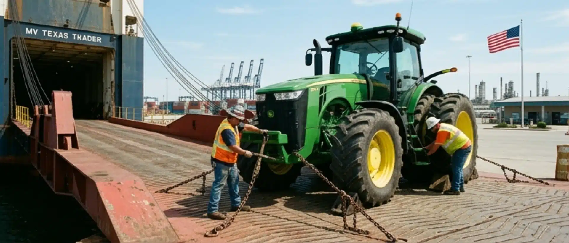 Heavy agricultural tractor being secured for international export on a cargo ship at the Port of Houston for Texas International Freight.