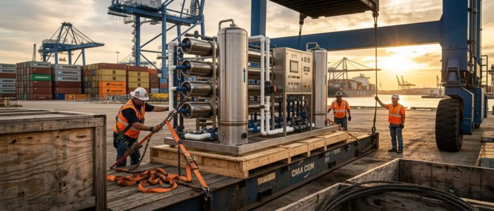 Industrial water filtration equipment and reverse osmosis skids being prepared for international shipping and crating from the Port of Houston.