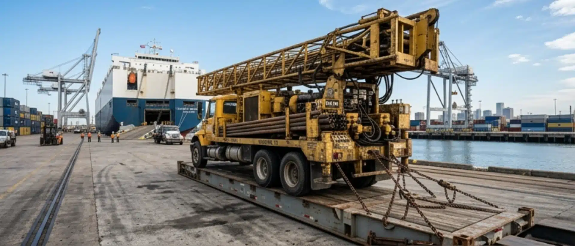 Heavy-duty water well drilling rig secured for international shipping from the Port of Houston via flat rack and RoRo vessel.