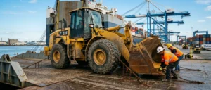International wheel loader shipping and heavy equipment freight logistics services at a commercial port.