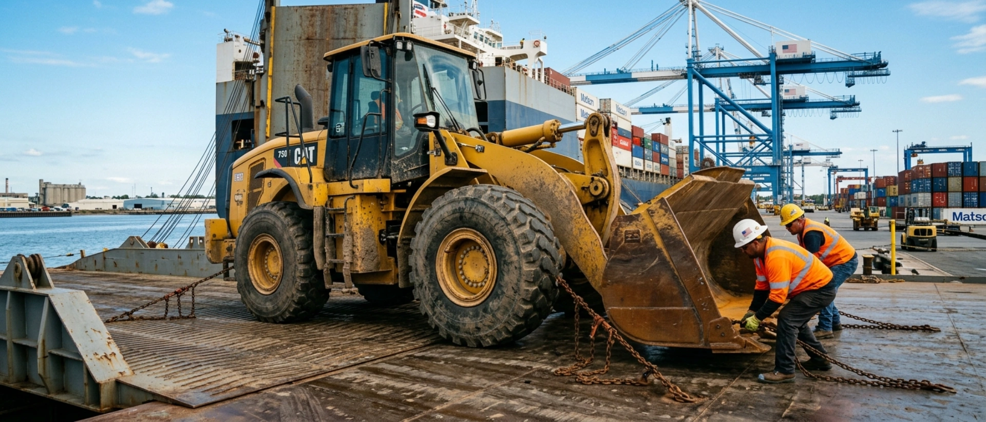 International wheel loader shipping and heavy equipment freight logistics services at a commercial port.
