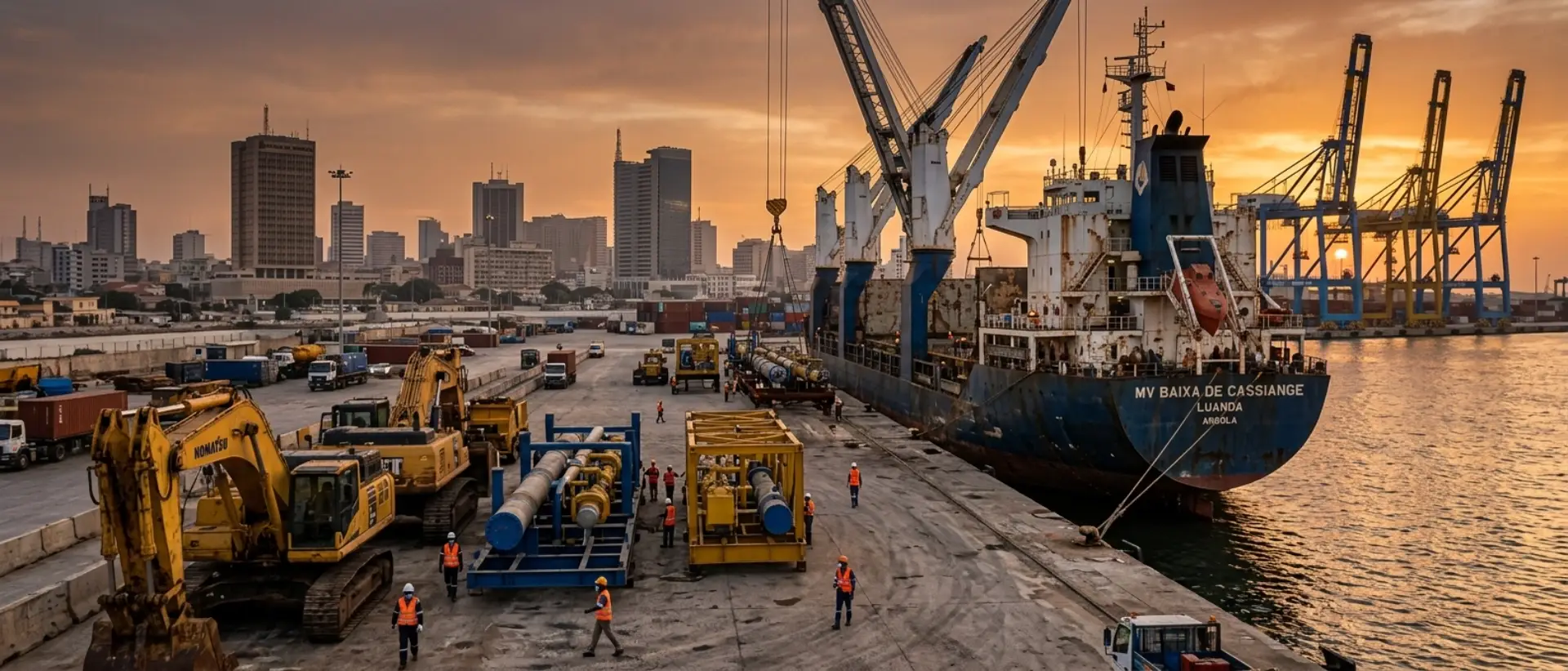 Shipping heavy mining equipment and oil field machinery from Houston to the Port of Luanda, Angola via ocean freight forwarding.