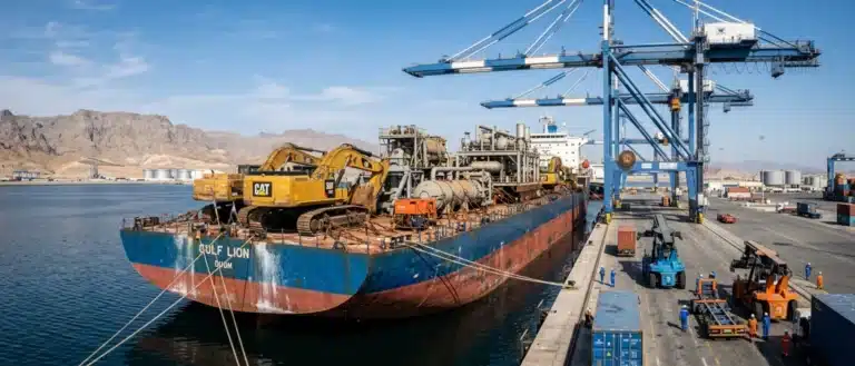 Heavy Equipment And Industrial Machinery Being Shipped From Houston To The Port Of Duqm, Oman, Via Specialized Freight Forwarding Services.