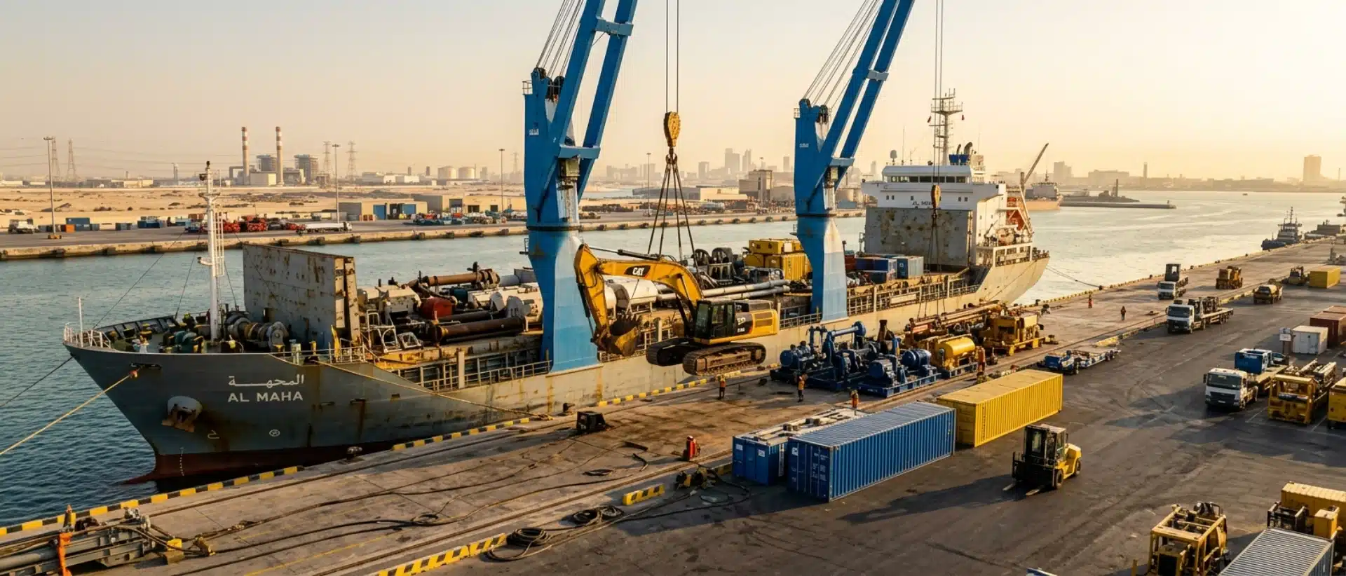 Heavy machinery and industrial equipment being unloaded at Khalifa Bin Salman Port in Bahrain for professional freight forwarding and shipping services.