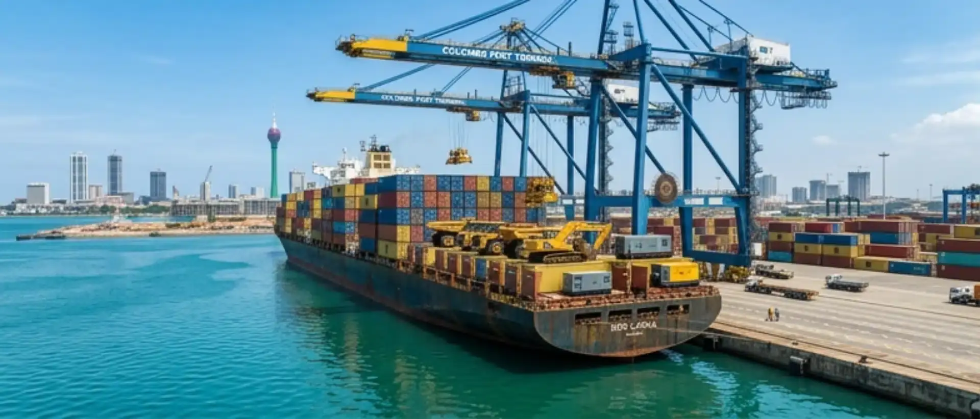 Industrial freight forwarding scene showing heavy machinery and project cargo being unloaded at the Port of Colombo, Sri Lanka from a container ship.