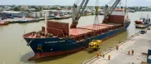 Heavy project cargo and oilfield equipment being unloaded at Georgetown Port in Guyana for offshore oil projects.