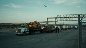 Freight trucks at a US-Mexico border crossing near Laredo with a heavy-haul flatbed carrying machinery