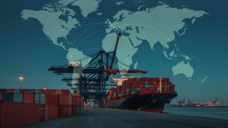 International container port at dusk with gantry cranes loading a cargo vessel, overlaid with faint global shipping routes
