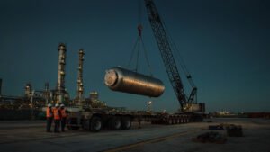 Heavy-lift crane loading a refinery module onto a specialized trailer at a Gulf Coast breakbulk port