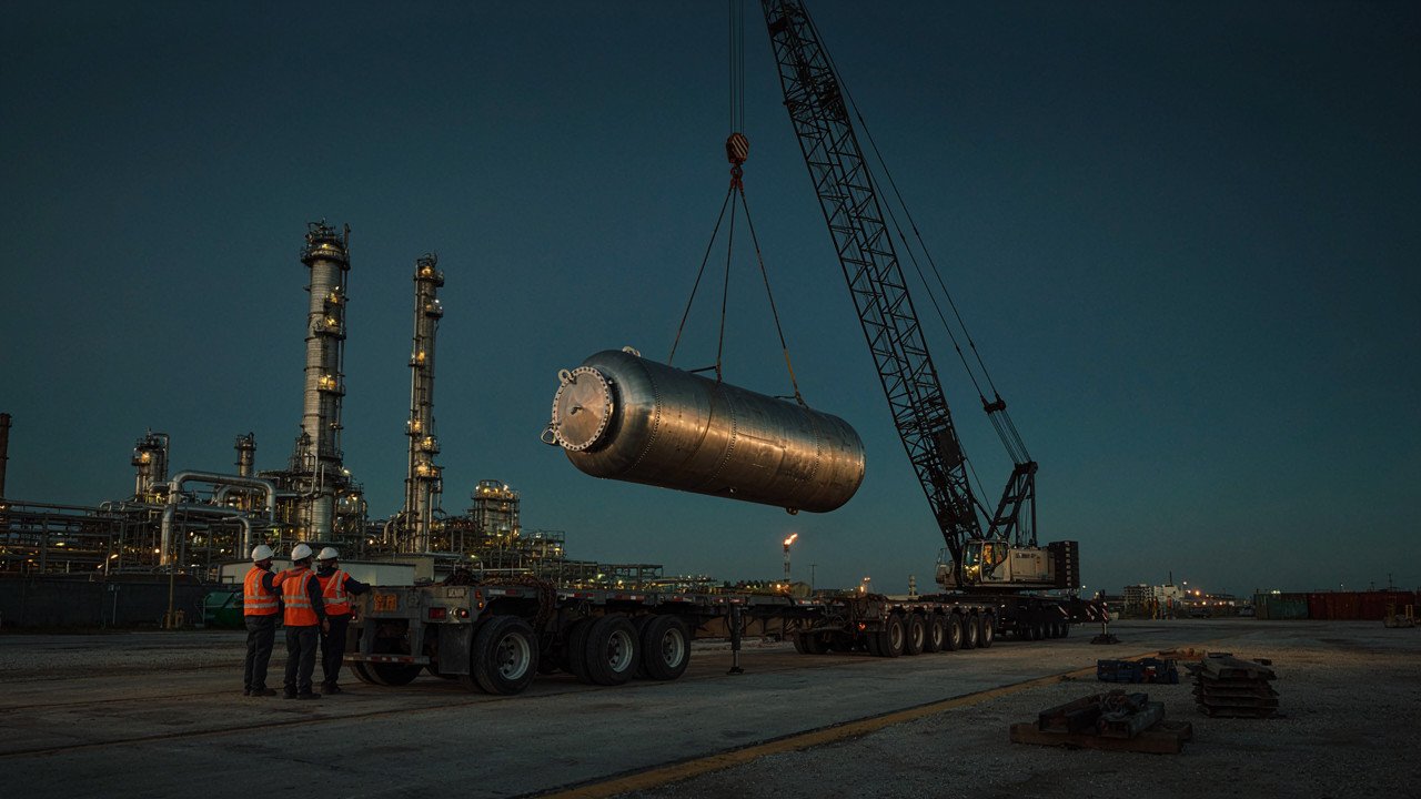 Heavy-lift crane loading a refinery module onto a specialized trailer at a Gulf Coast breakbulk port