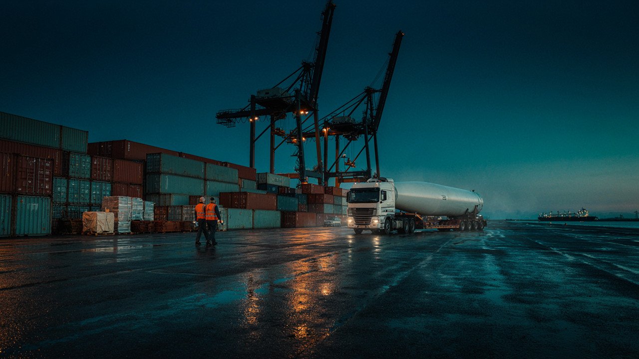 Coastal energy port with gantry cranes and a heavy-haul truck carrying a wind-turbine component at Corpus Christi