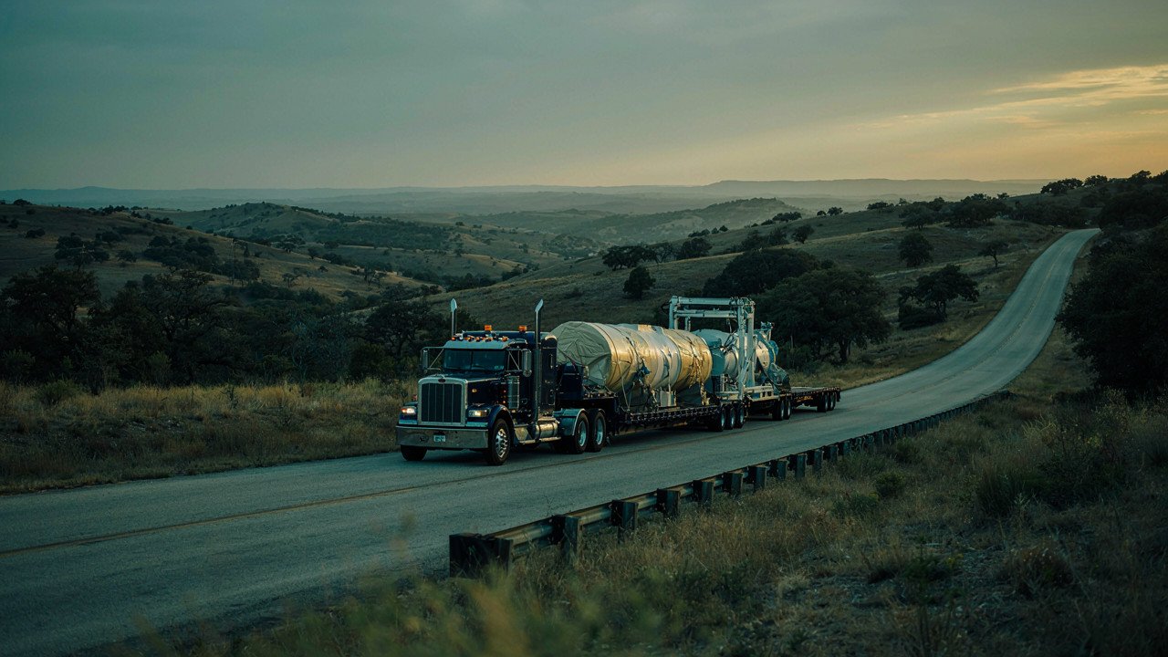 Heavy-haul truck transporting large industrial and advanced-manufacturing equipment on a Central Texas highway