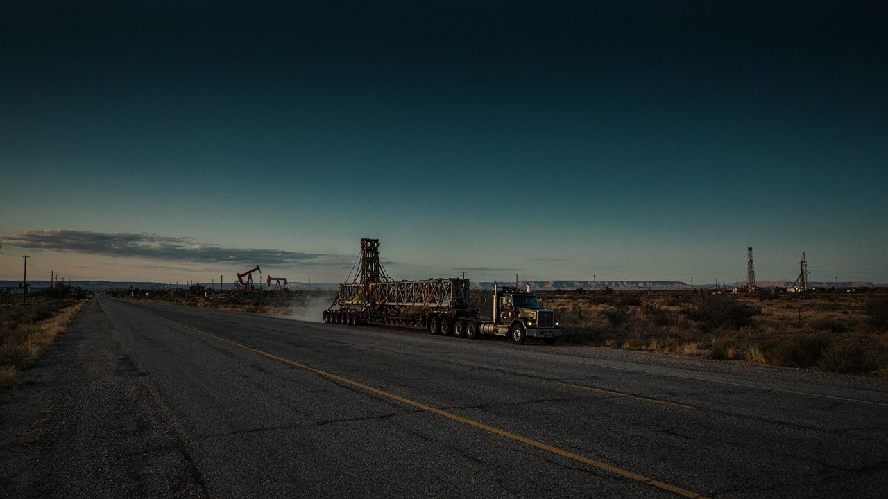 Heavy-haul truck carrying an oversized drilling rig component on a West Texas oilfield highway at dusk