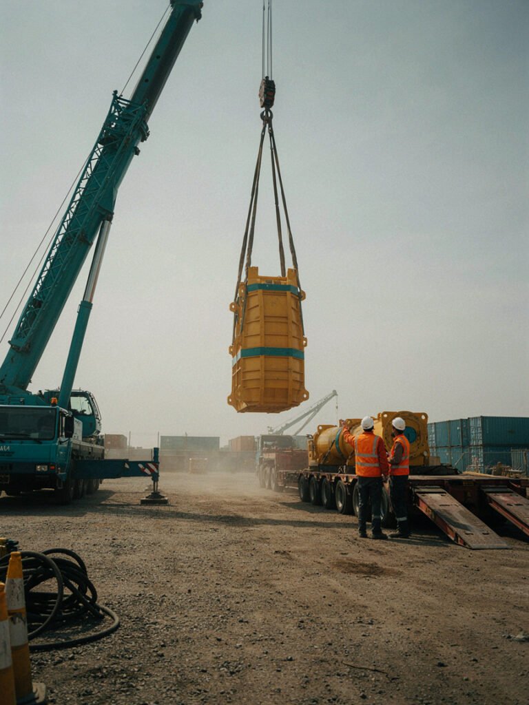 Heavy-Lift Crane Loading Oversized Industrial Machinery Onto A Multi-Axle Transport Trailer With Crew In Hi-Vis Vests